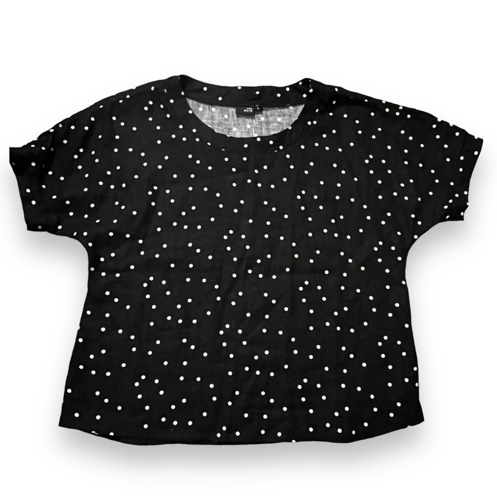 Lisa Bayne Shirt 100% Linen Polka Dots Black White Lagenlook Short Sleeve Small